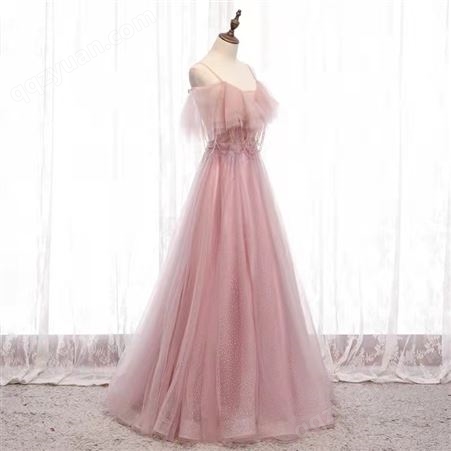 艺考礼服演出服粉色吊带长裙女订婚宴会气质生日主持2022冬季新款