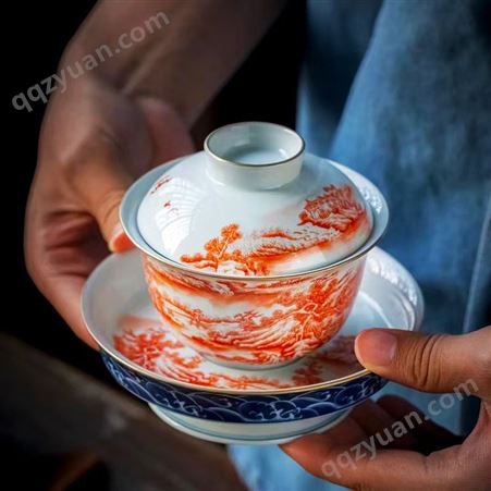 陶瓷泡茶碗 景德镇仿古矾红釉山里人家 粉彩三才盖碗泡茶碗收藏送礼