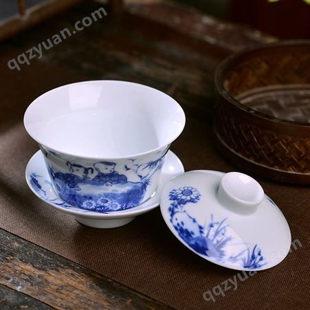 景德镇茶碗茶杯三才盖碗 青花瓷家用大号泡茶碗价格